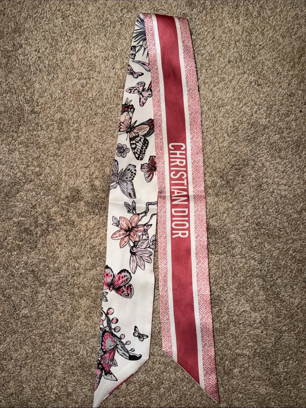 Dior Pink Floral Butterflies Silk Twilly with Logo Stripe